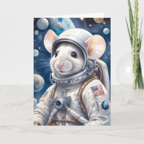Funny Mouse in Astronaut Suit in Outer Space Card