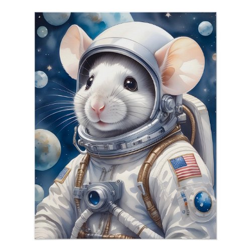 Funny Mouse in Astronaut Suit in Outer Space Poster