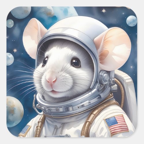 Funny Mouse in Astronaut Suit in Outer Space Square Sticker