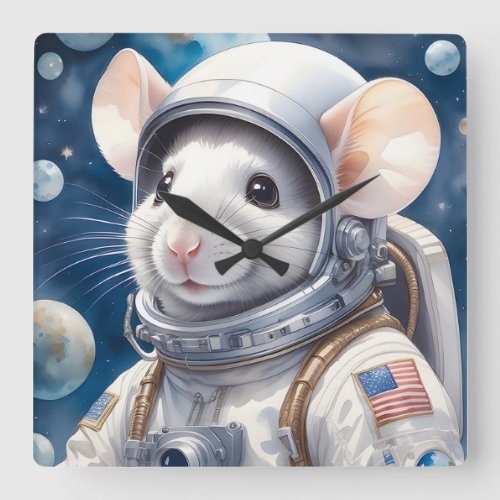 Funny Mouse in Astronaut Suit in Outer Space Square Wall Clock