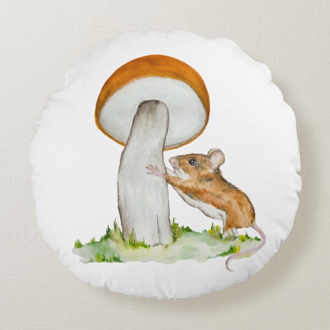 Funny mouse with wild mushroom round pillow (Front)