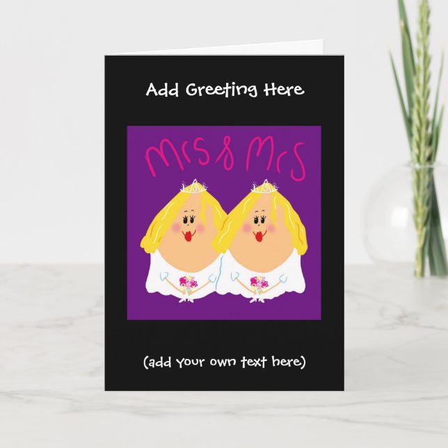 Funny Mrs and Mrs Lesbian wedding card - eggheads (Front)