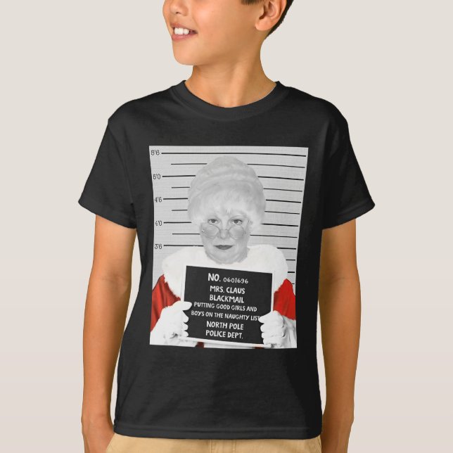 Funny Mrs. Claus Mugshot Jailed Arrested On Christ T-Shirt (Front)