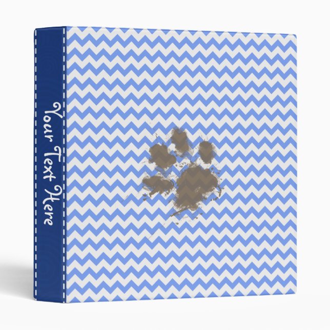 Funny Muddy Paw Print on Blue Chevron 3 Ring Binder (Front/Spine)