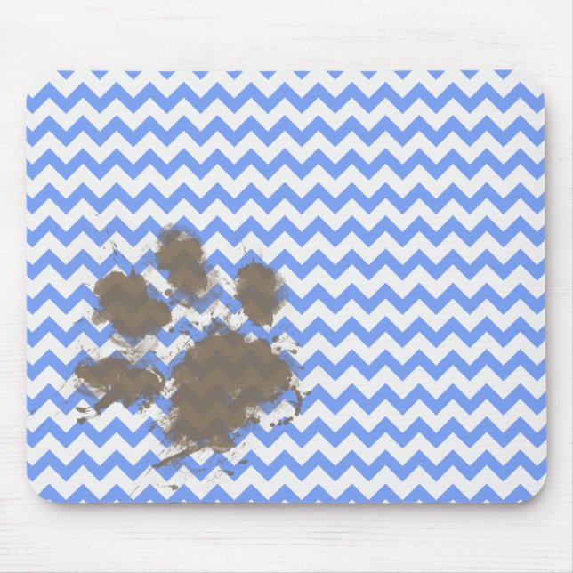 Funny Muddy Paw Print on Blue Chevron Mouse Pad (Front)