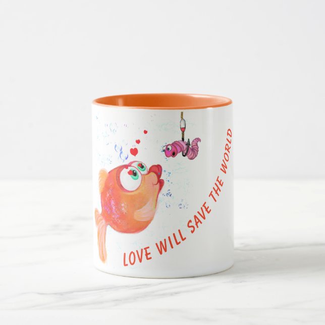 Funny Mug Happy Fish and Worm- Custom Text (Center)