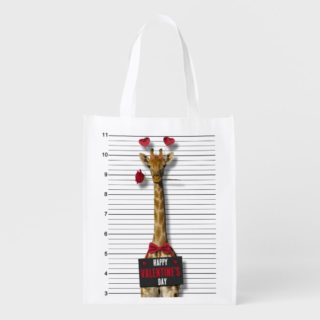 Funny Mugshot Guilty Giraffe Happy Valentine's Day Grocery Bag (Front)