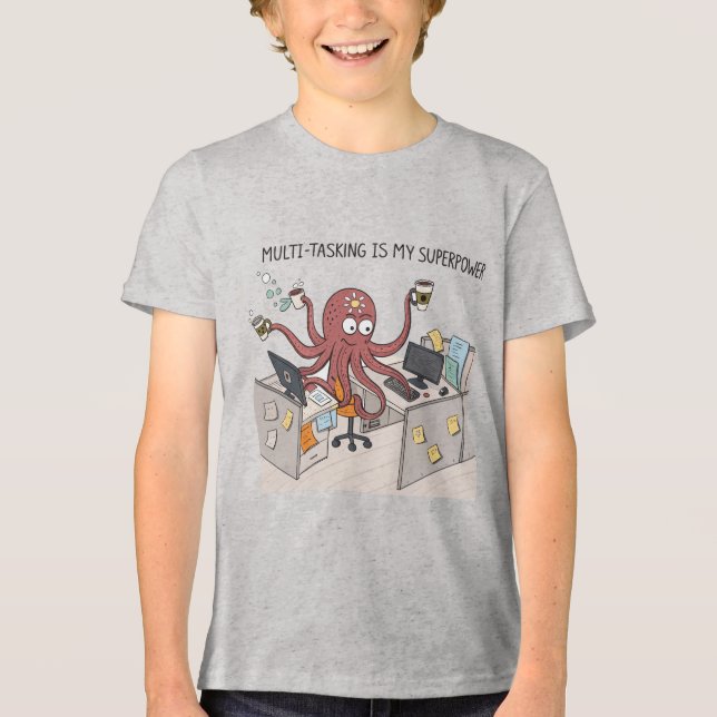Funny Multitasking Octopus | Office Humor Cartoon  Tri-Blend Shirt (Front)