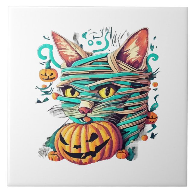 Funny Mummy Cat Halloween Ceramic Tile (Front)