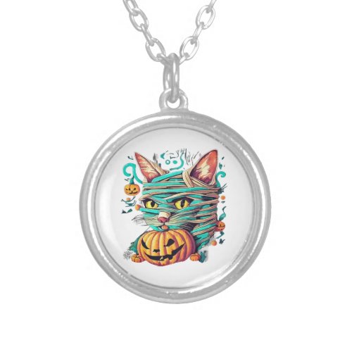 Funny Mummy Cat Halloween Silver Plated Necklace