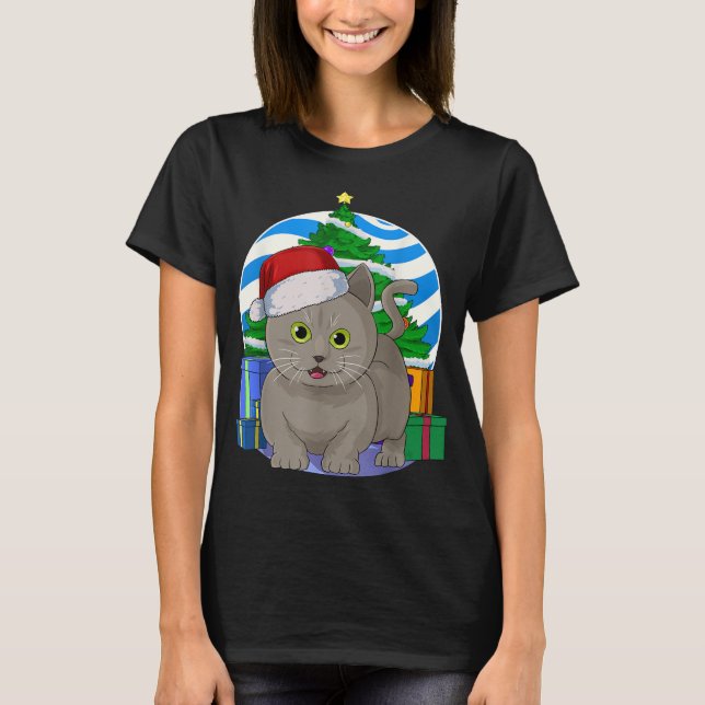 Funny Munchkin Cat Santa Christmas Tree Decor T-Shirt (Front)