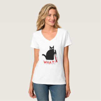 Funny Murderous Black Cat What ? Holding Knife T-Shirt