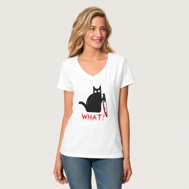Funny Murderous Black Cat What ? Holding Knife T-Shirt (Front Full)