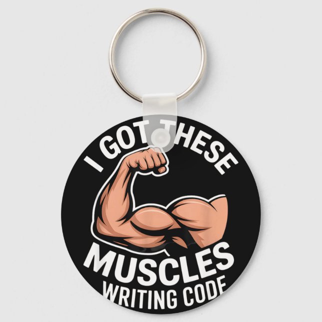 Funny muscles writing code saying programmer Funny Keychain (Front)