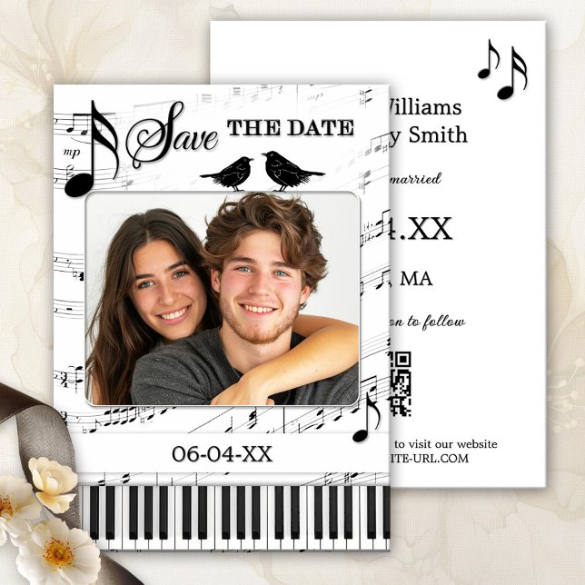 Funny Music Black and White Photo Save the Date Announcement (Funny and whimsical black and white Save the Date card with a music theme and custom photo)