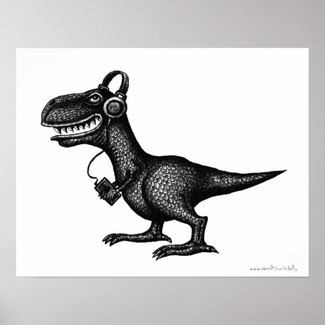 Funny music dinosaur pen ink drawing art poster (Front)