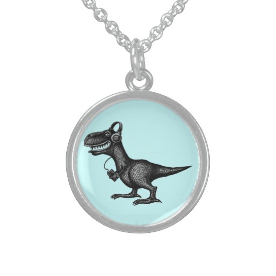 Funny music dinosaur pen ink drawing art sterling silver necklace