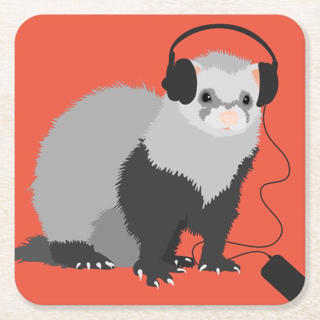 Funny Music Lover Ferret Square Paper Coaster (Front)