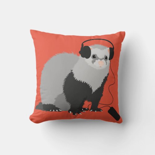 Funny Music Lover Ferret Throw Pillow