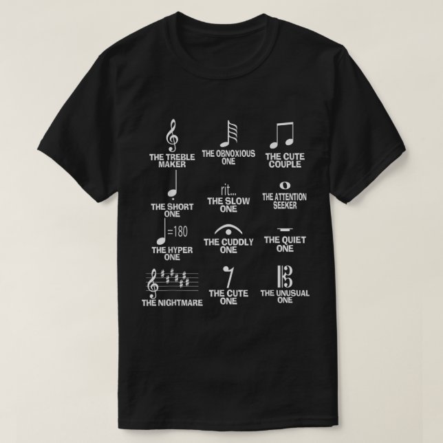 Funny Music Symbols Chart for Teachers & Musicians T-Shirt (Design Front)