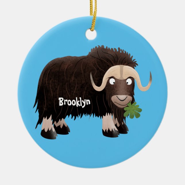 Funny musk ox cartoon illustration ceramic ornament (Front)