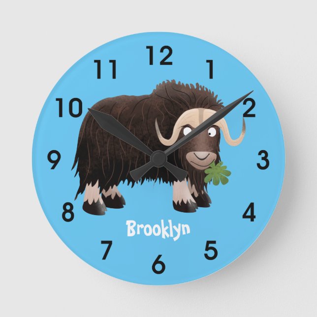Funny musk ox cartoon illustration round clock (Front)