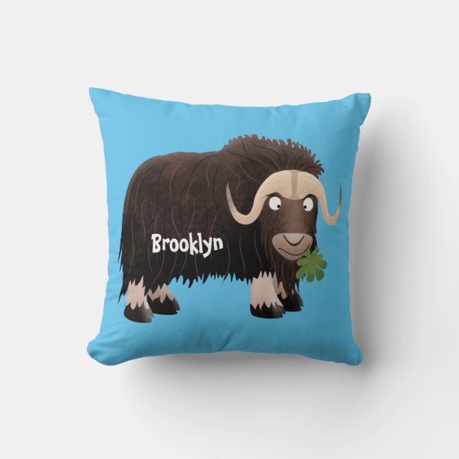 Funny musk ox cartoon illustration throw pillow (Front)