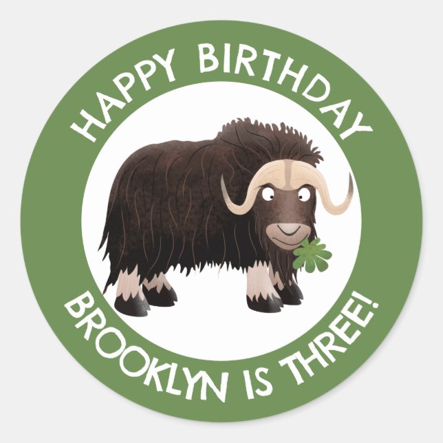 Funny musk ox cartoon personalized birthday  classic round sticker (Front)