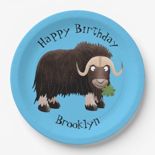 Funny musk ox cartoon personalized birthday  paper plates (Front)