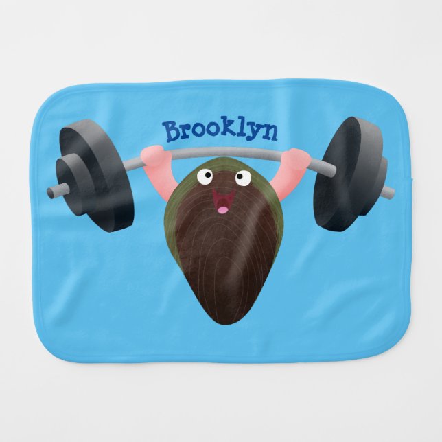 Funny mussel working out cartoon illustration baby burp cloth (Front Horizontal)