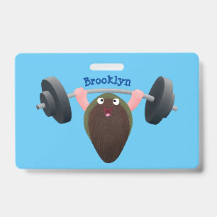Funny mussel working out cartoon illustration badge