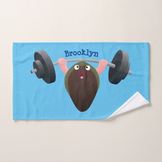 Funny mussel working out cartoon illustration bath towel set (Hand Towel)