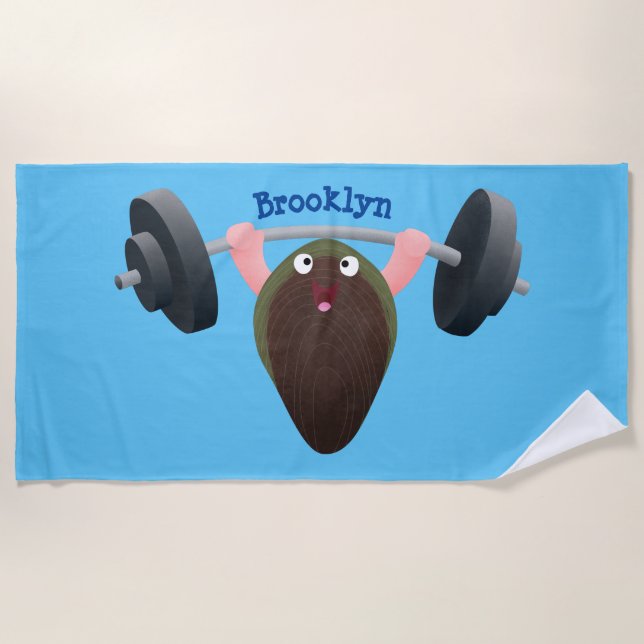 Funny mussel working out cartoon illustration beach towel (Front)