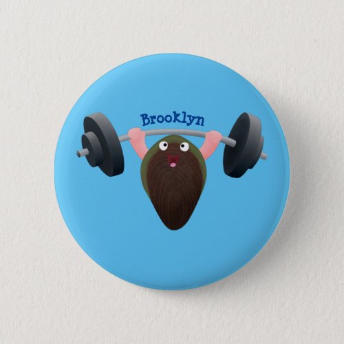 Funny mussel working out cartoon illustration button