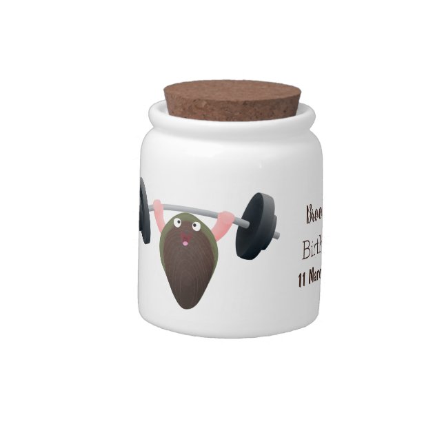 Funny mussel working out cartoon illustration candy jar (Left)