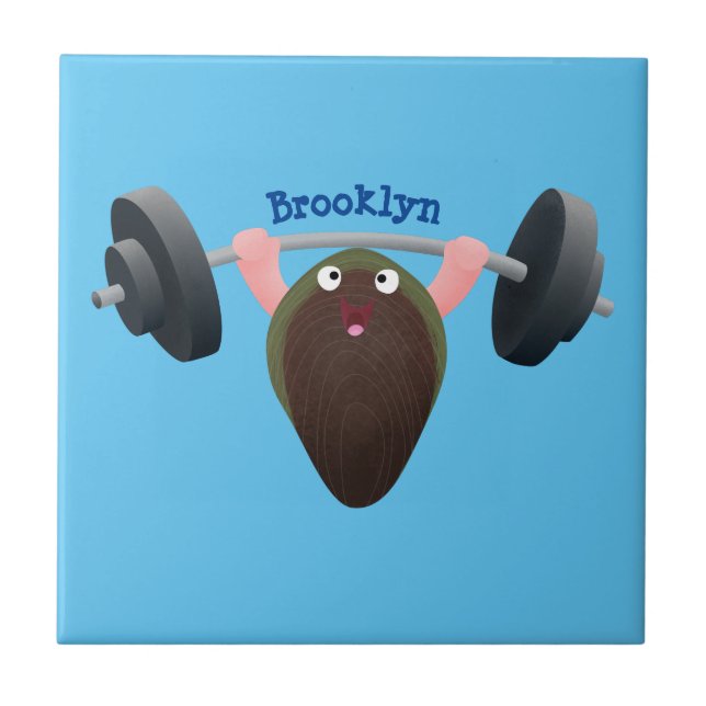 Funny mussel working out cartoon illustration ceramic tile (Front)