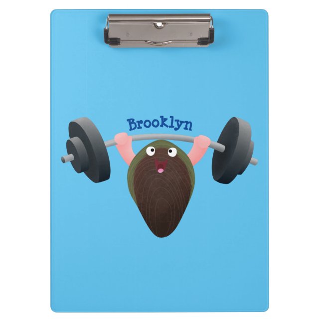 Funny mussel working out cartoon illustration clipboard (Front)