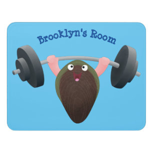 Funny mussel working out cartoon illustration door sign