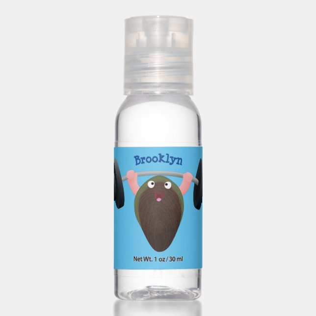 Funny mussel working out cartoon illustration  hand sanitizer (Front)