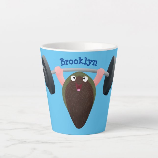 Funny mussel working out cartoon illustration latte mug (Front)