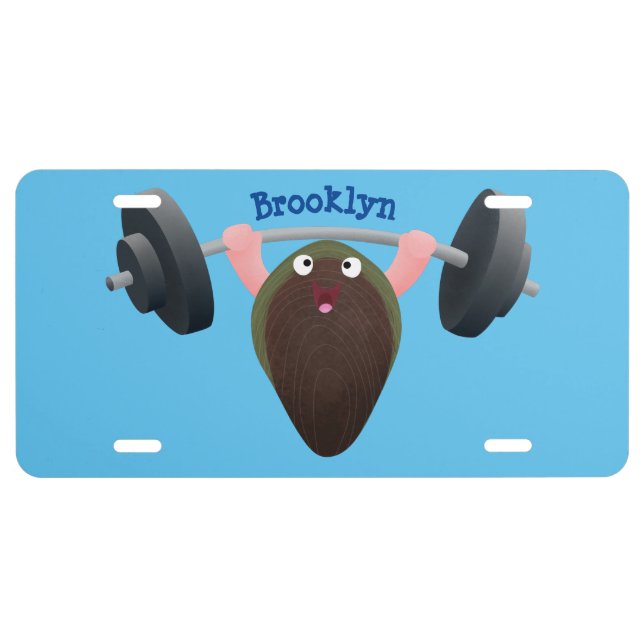 Funny mussel working out cartoon illustration  license plate (Front)