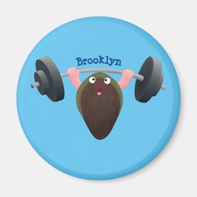 Funny mussel working out cartoon illustration magnet (Front)