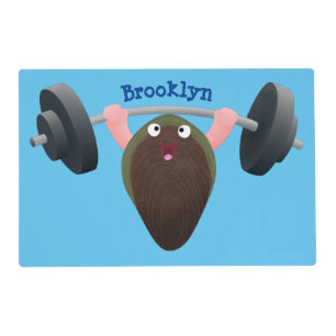 Funny mussel working out cartoon illustration placemat