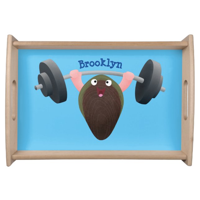 Funny mussel working out cartoon illustration serving tray (Front)