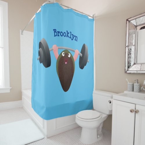 Funny mussel working out cartoon illustration shower curtain