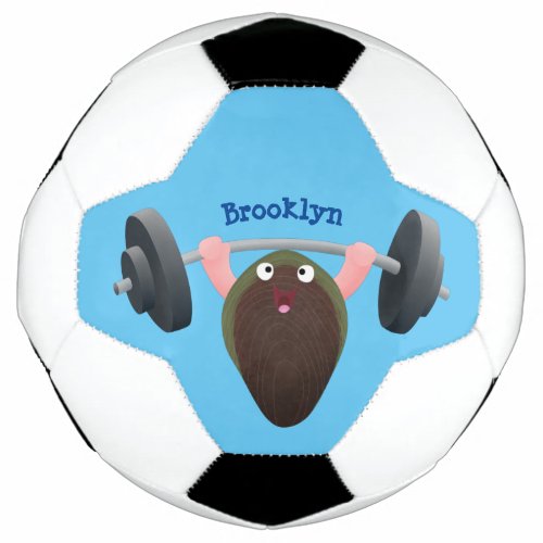 Funny mussel working out cartoon illustration soccer ball