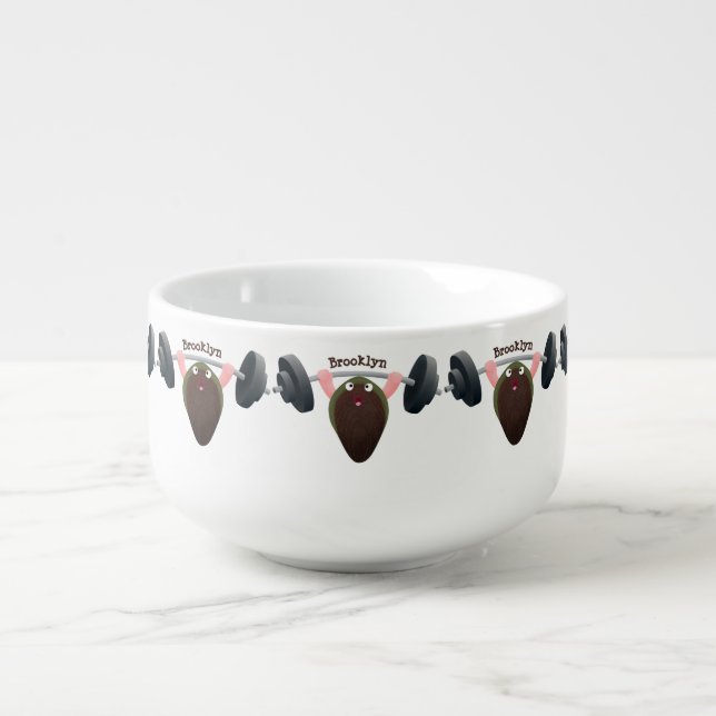 Funny mussel working out cartoon illustration soup mug (Front)