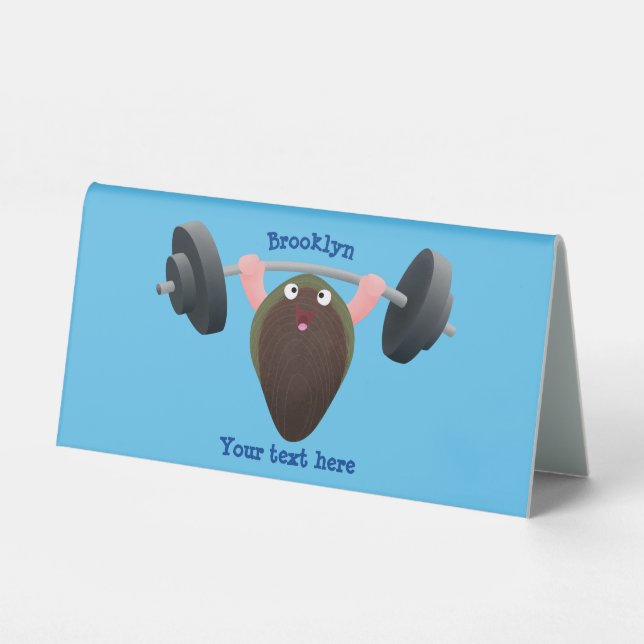 Funny mussel working out cartoon illustration table tent (Front)