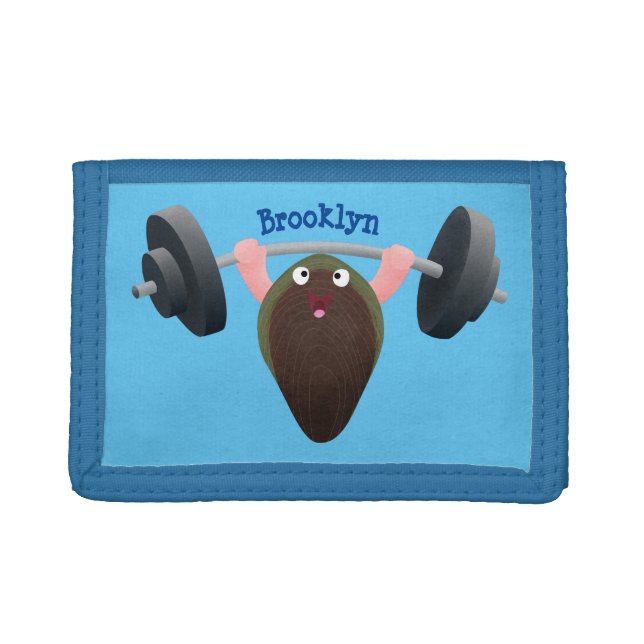 Funny mussel working out cartoon illustration  trifold wallet (Front)