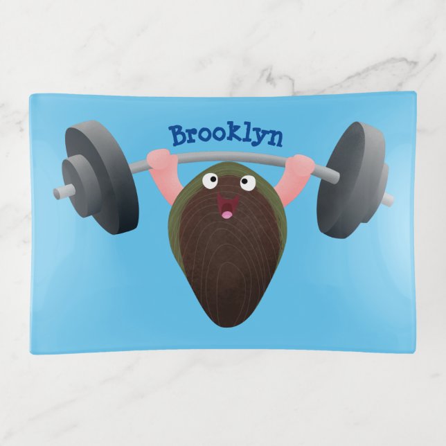 Funny mussel working out cartoon illustration trinket tray (Front)